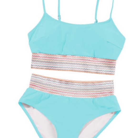 2 Pc Sky Blue Tankini Striped Patchwork Spaghetti Strap High Waist Swimsuit NWT - Picture 3 of 4